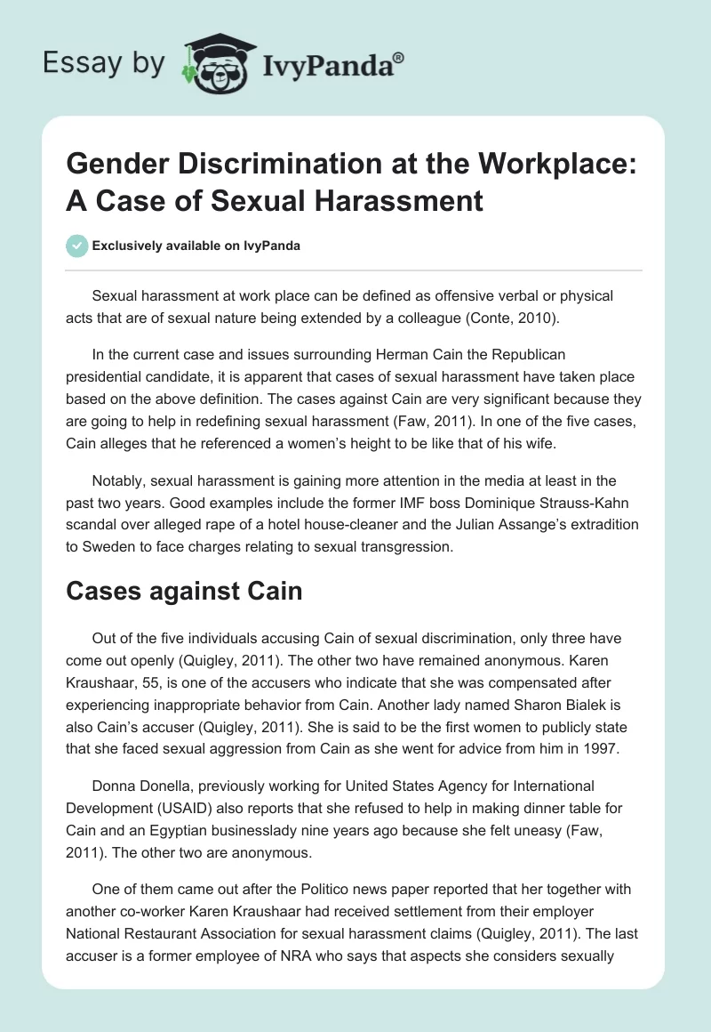 Gender Discrimination at the Workplace: A Case of Sexual Harassment. Page 1