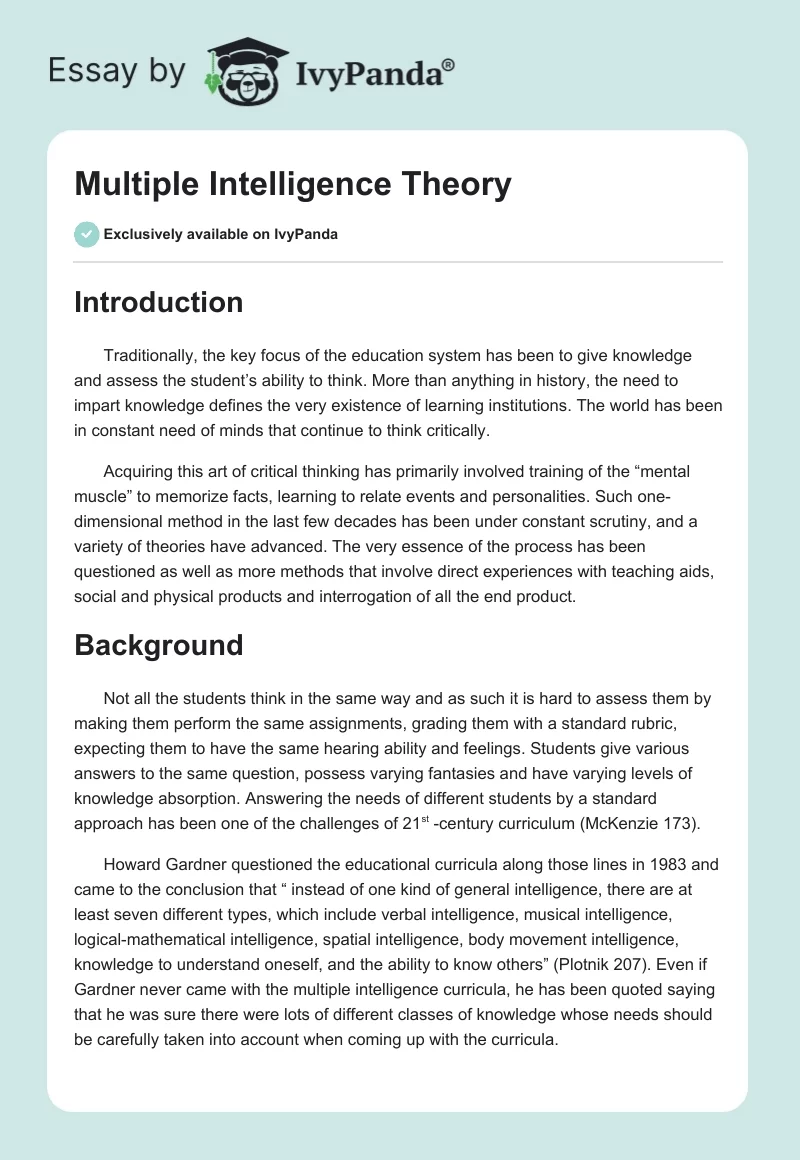 Multiple Intelligence Theory. Page 1