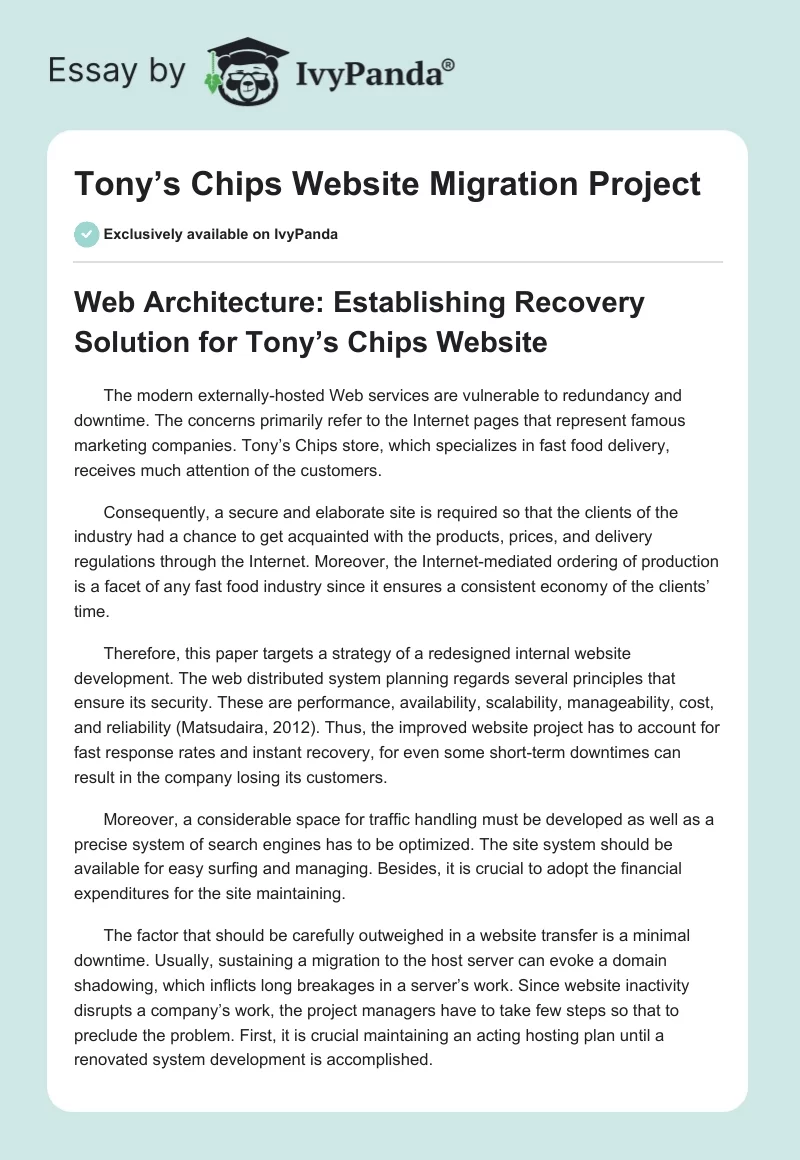 Tony’s Chips Website Migration Project. Page 1