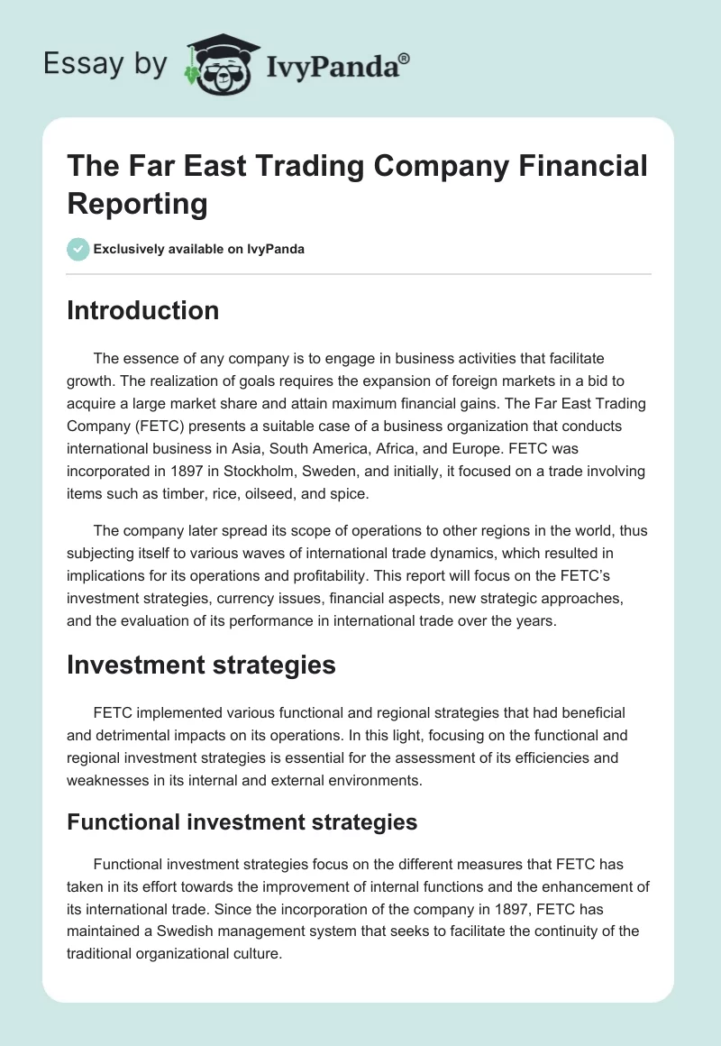 The Far East Trading Company Financial Reporting. Page 1