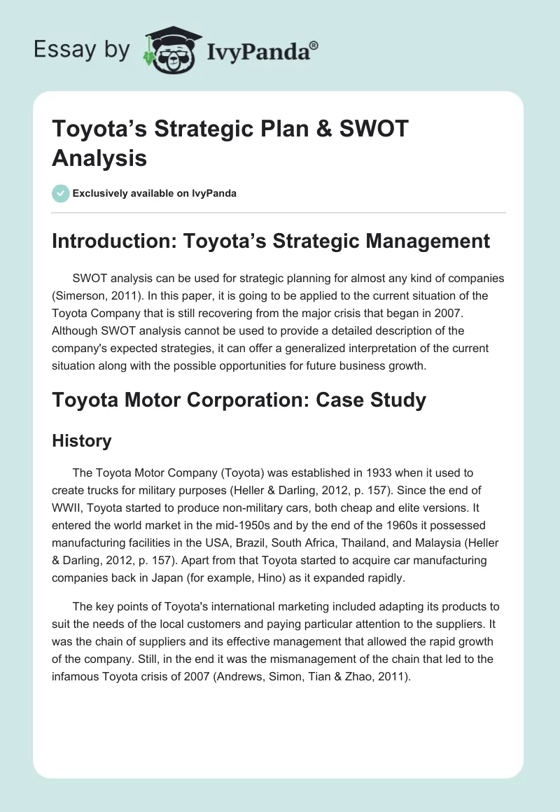 Toyota’s Strategic Plan & SWOT Analysis. Page 1