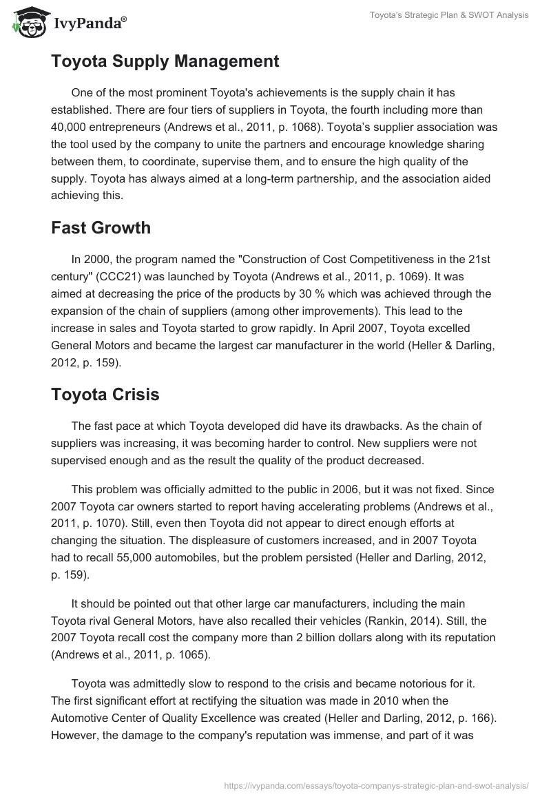 Toyota’s Strategic Plan & SWOT Analysis. Page 2