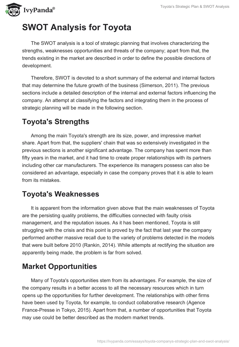 Toyota’s Strategic Plan & SWOT Analysis. Page 4