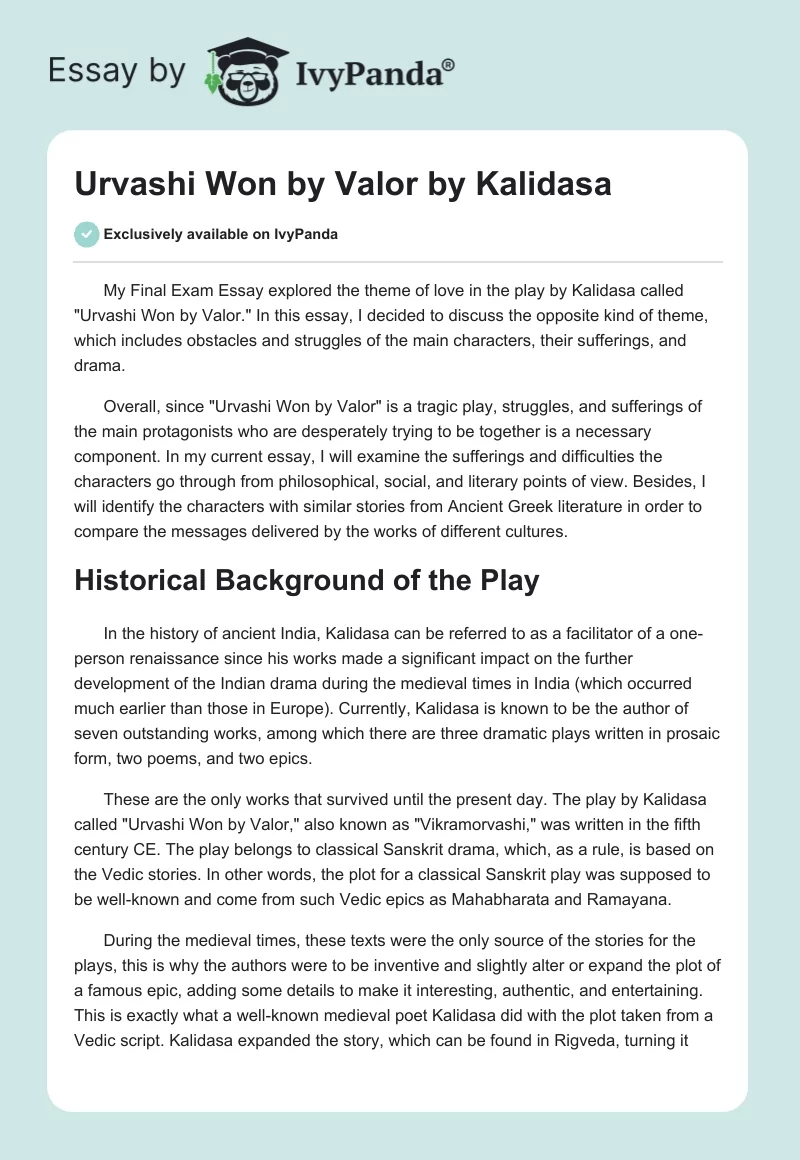 "Urvashi Won by Valor" by Kalidasa. Page 1