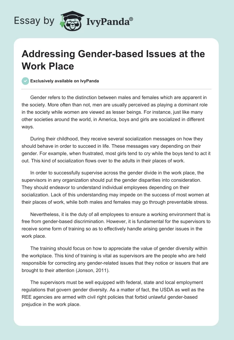 Addressing Gender-based Issues at the Work Place. Page 1