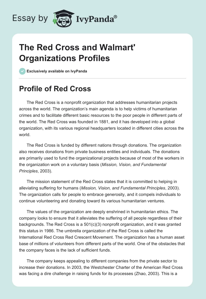 The Red Cross and Walmart' Organizations Profiles. Page 1