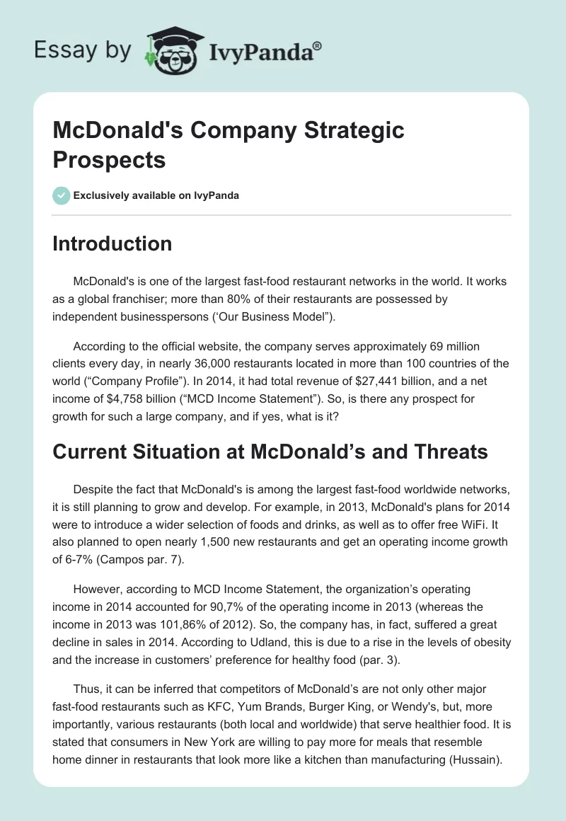McDonald's Company Strategic Prospects. Page 1