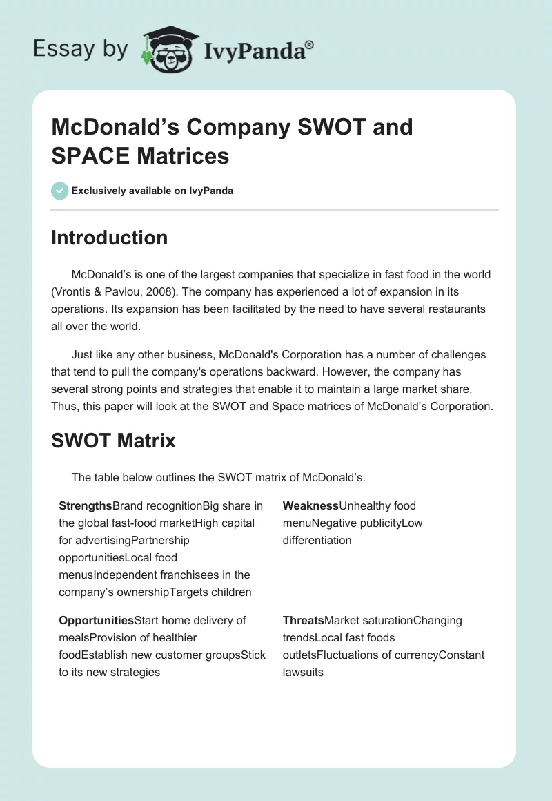 McDonald’s Company SWOT and SPACE Matrices. Page 1