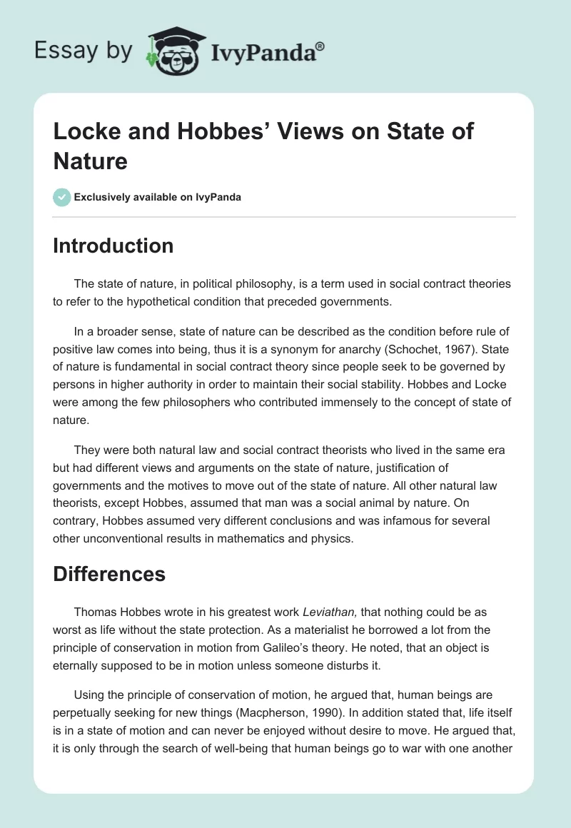 Locke and Hobbes’ Views on State of Nature. Page 1