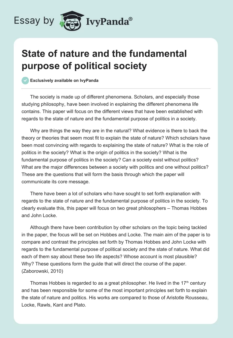 State of nature and the fundamental purpose of political society. Page 1