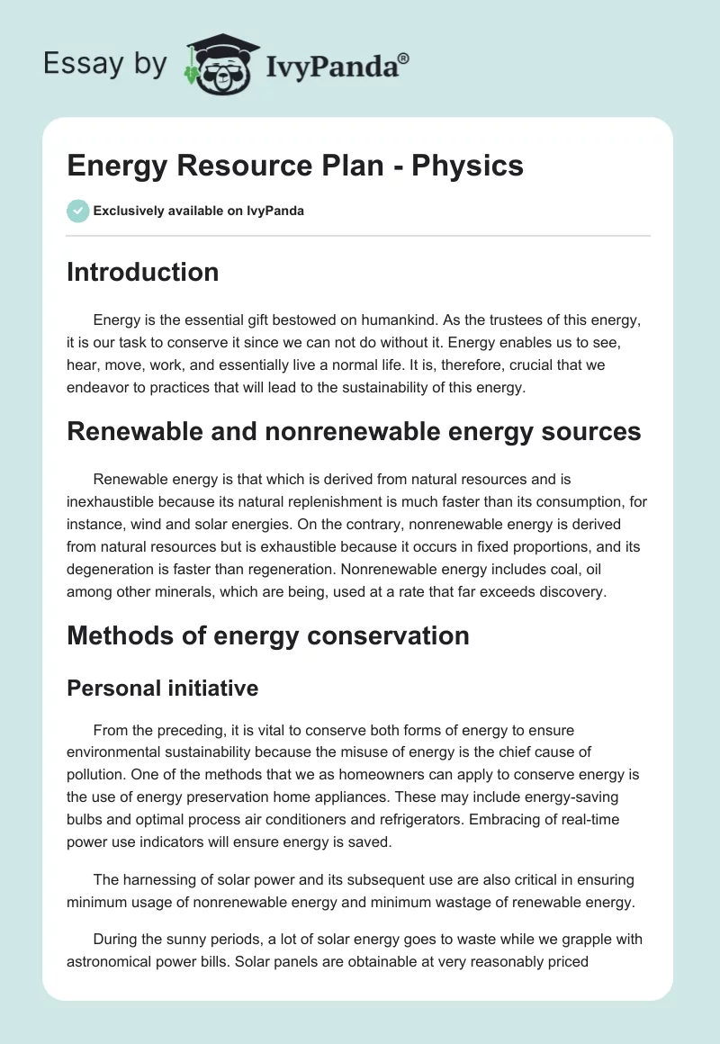 Energy Resource Plan - Physics. Page 1