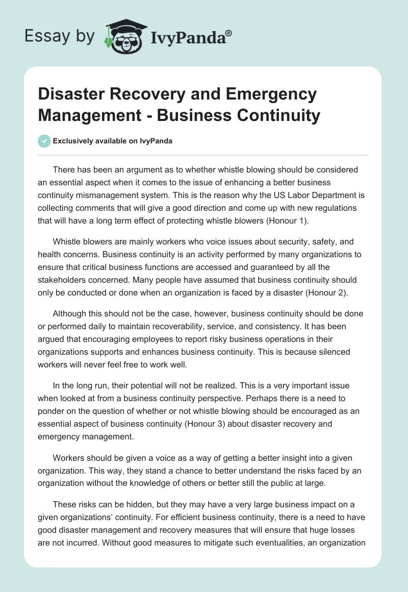 Disaster Recovery and Emergency Management - Business Continuity. Page 1