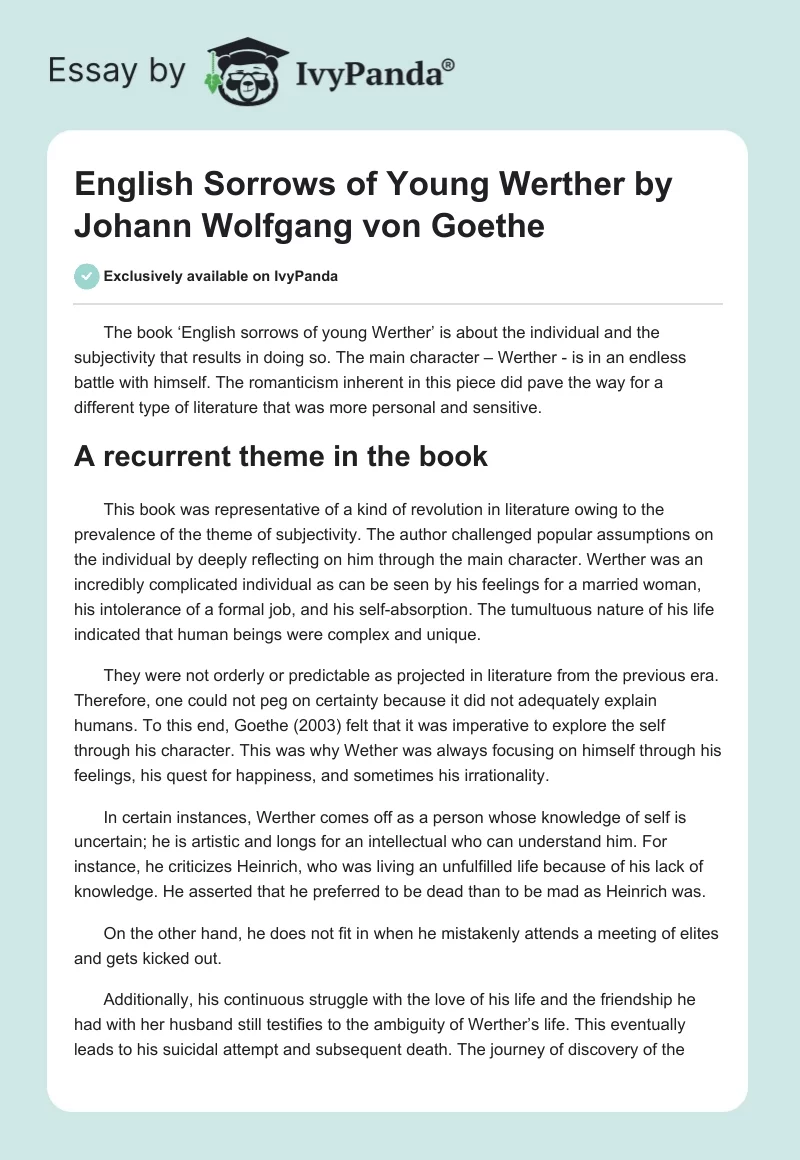 "English Sorrows of Young Werther" by Johann Wolfgang von Goethe. Page 1