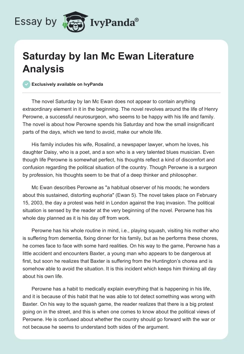 "Saturday" by Ian Mc Ewan Literature Analysis. Page 1