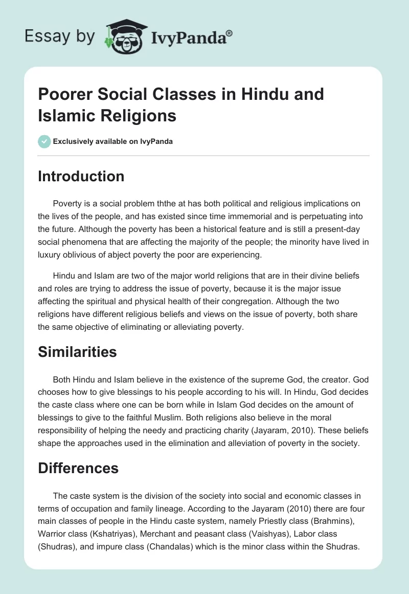 Poorer Social Classes in Hindu and Islamic Religions. Page 1