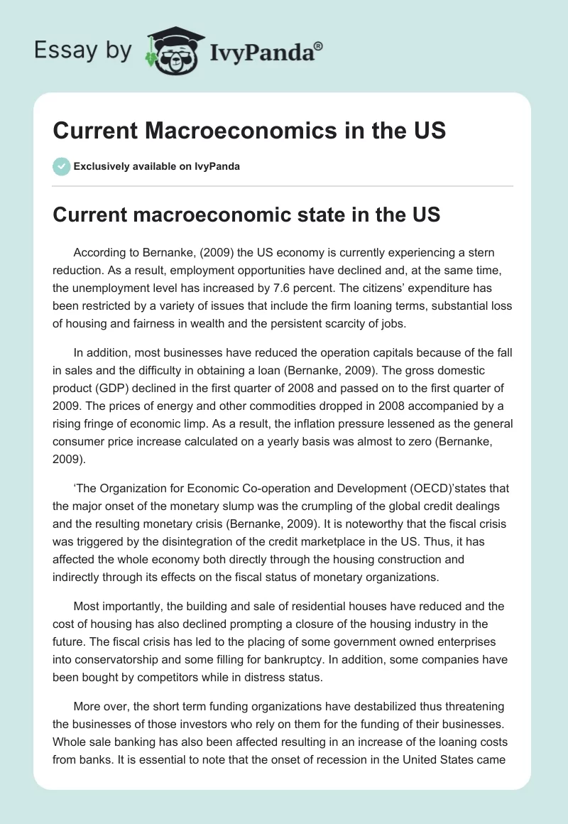 Current Macroeconomics in the US. Page 1
