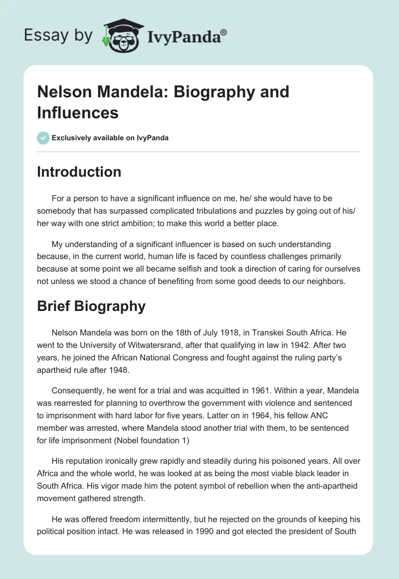 Nelson Mandela: Biography and Influences. Page 1
