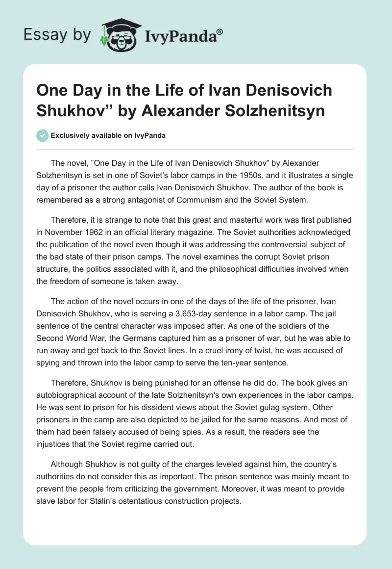 "One Day in the Life of Ivan Denisovich Shukhov” by Alexander Solzhenitsyn. Page 1