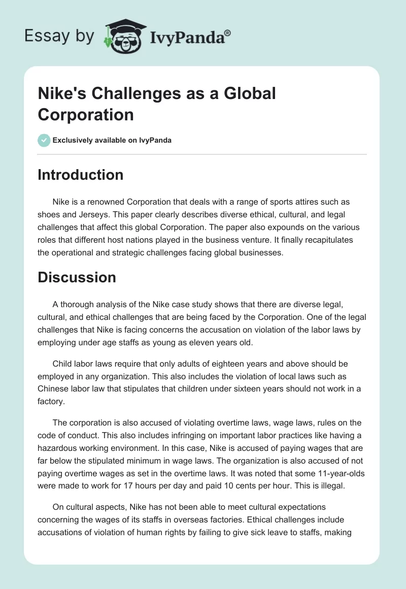 Nike's Challenges as a Global Corporation. Page 1