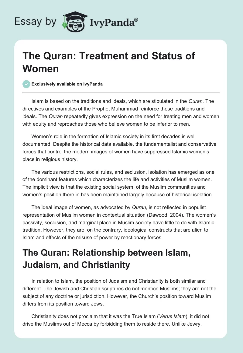 The Quran: Treatment and Status of Women. Page 1