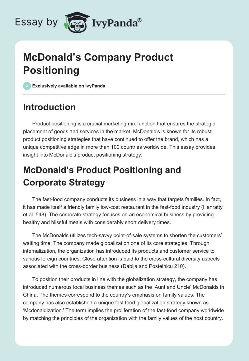 McDonald’s Company Product Positioning. Page 1