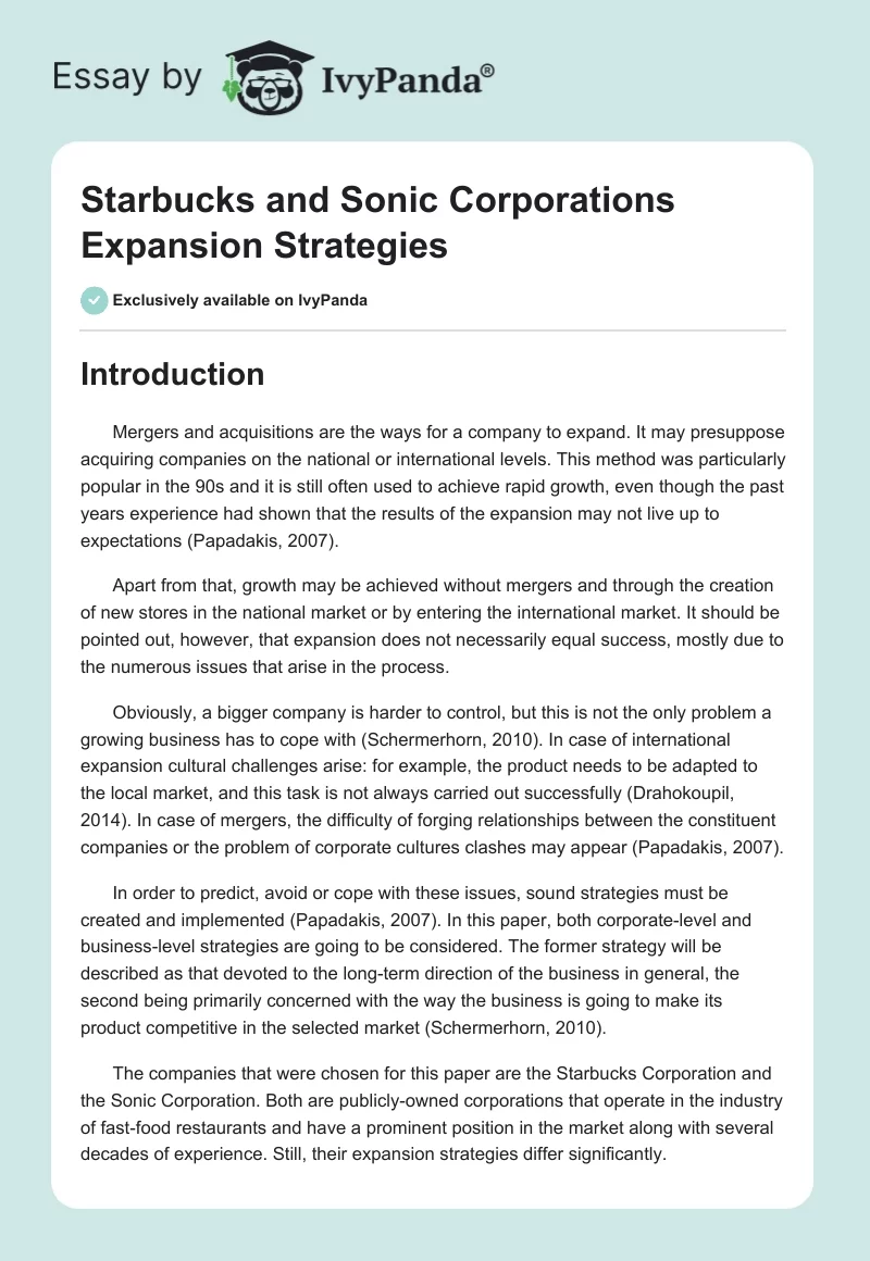 Starbucks and Sonic Corporations Expansion Strategies. Page 1