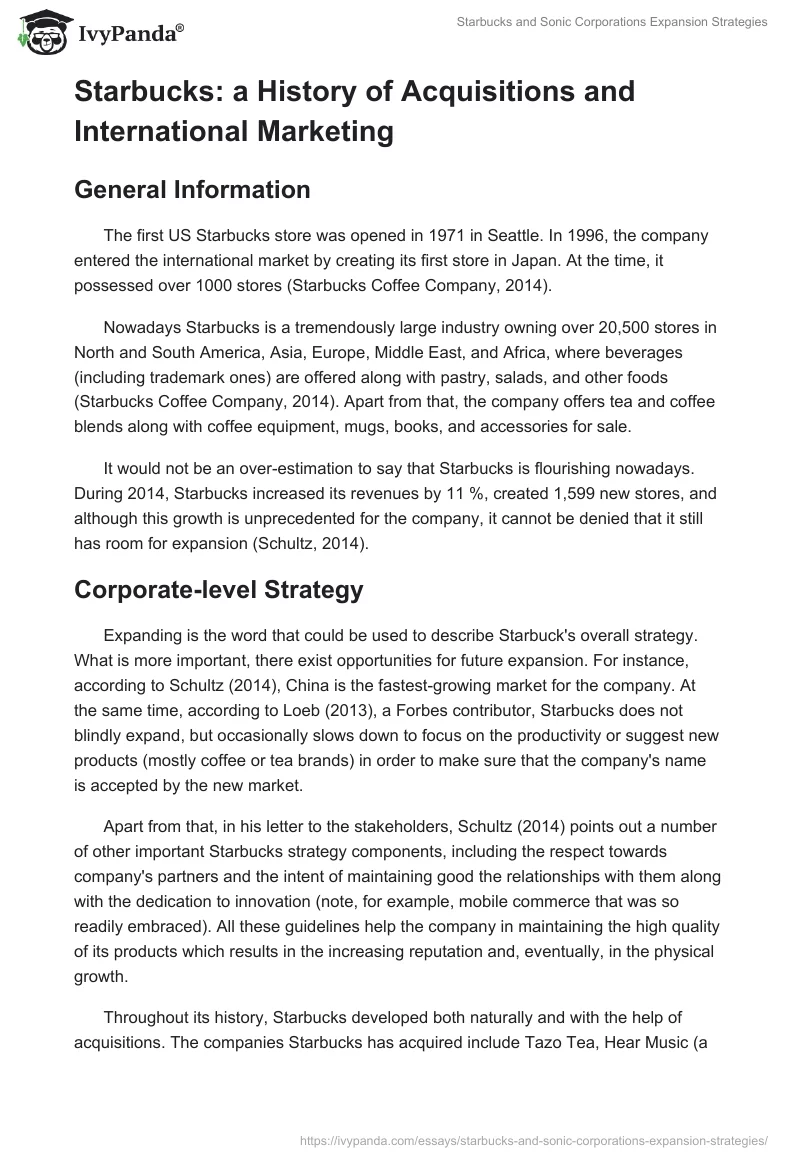 Starbucks and Sonic Corporations Expansion Strategies. Page 2