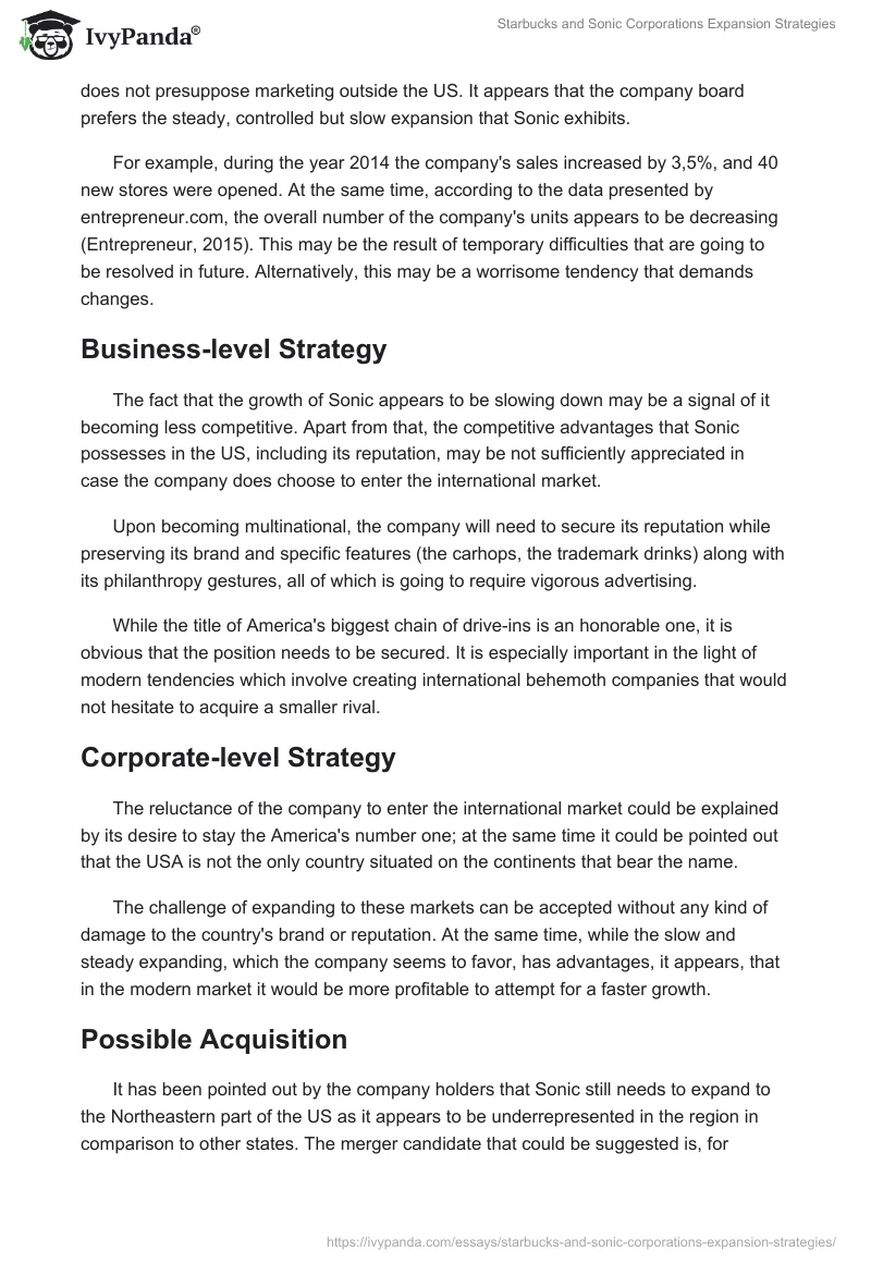 Starbucks and Sonic Corporations Expansion Strategies. Page 4
