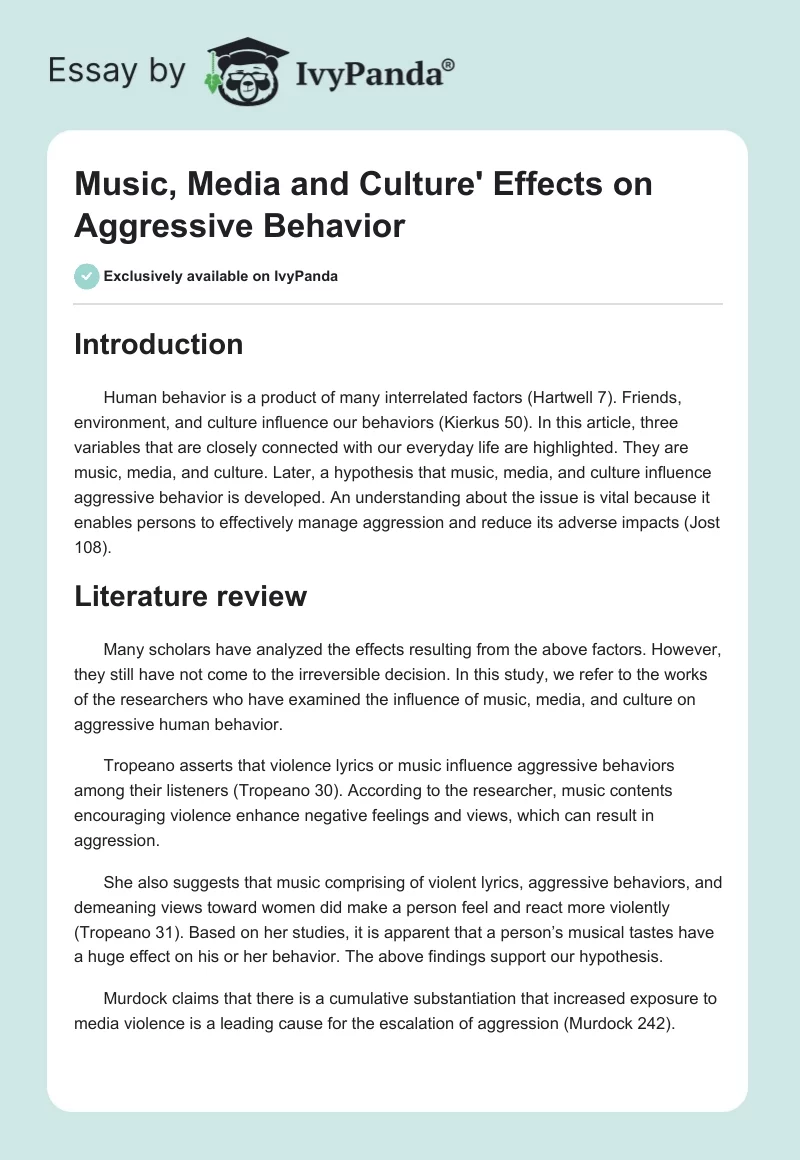 Music, Media and Culture' Effects on Aggressive Behavior. Page 1