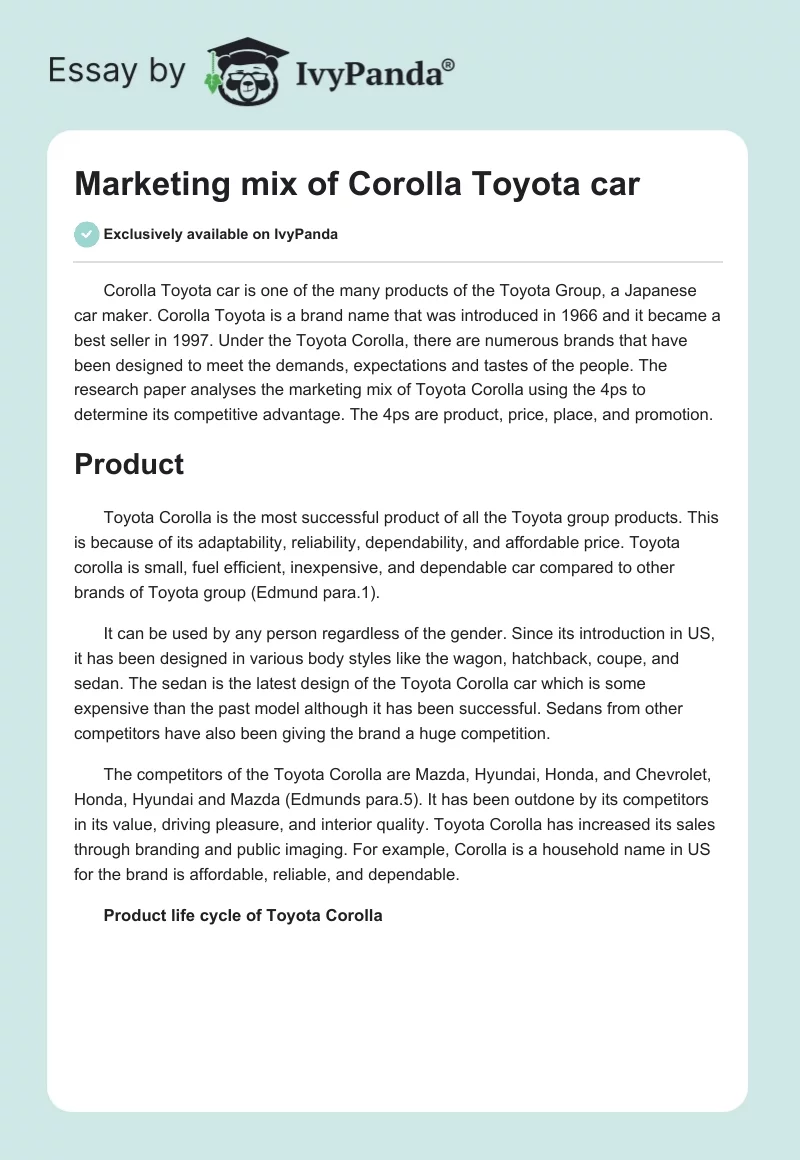 Marketing Mix of Corolla Toyota Car. Page 1