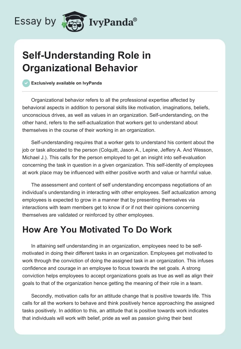 Self-Understanding Role in Organizational Behavior. Page 1