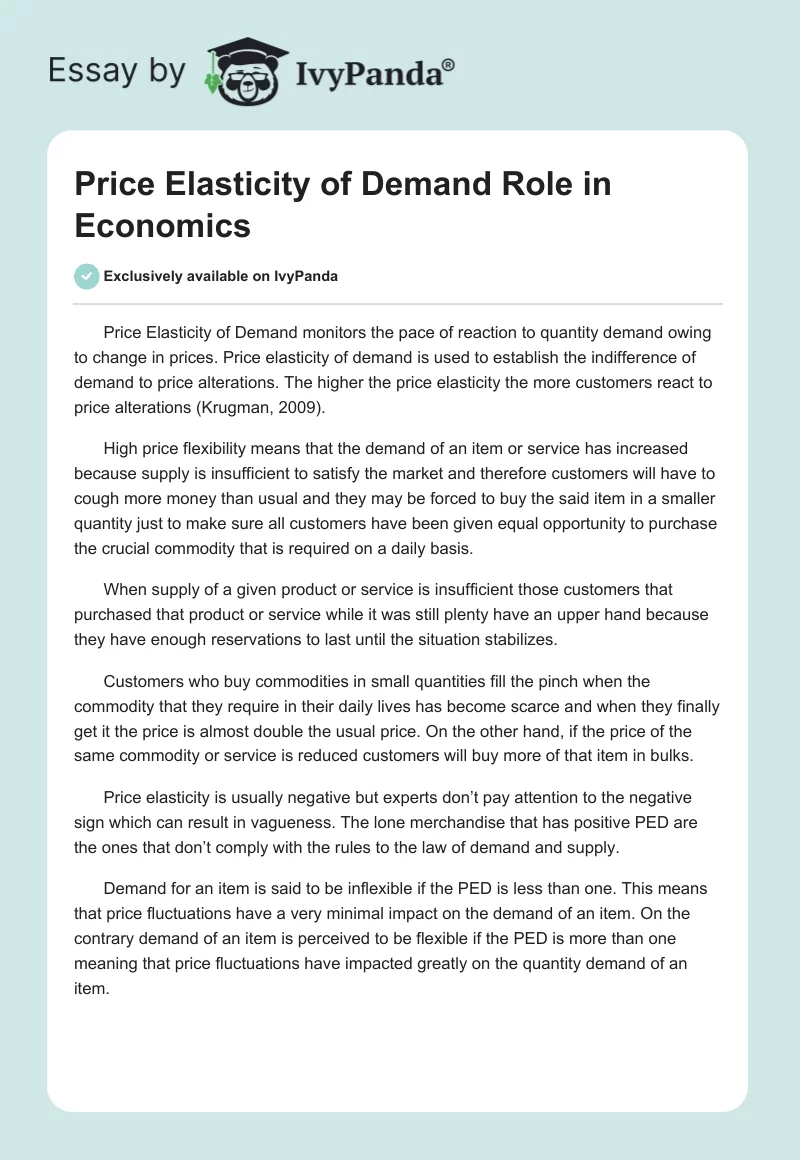 Price Elasticity of Demand Role in Economics - 1637 Words | Essay Example