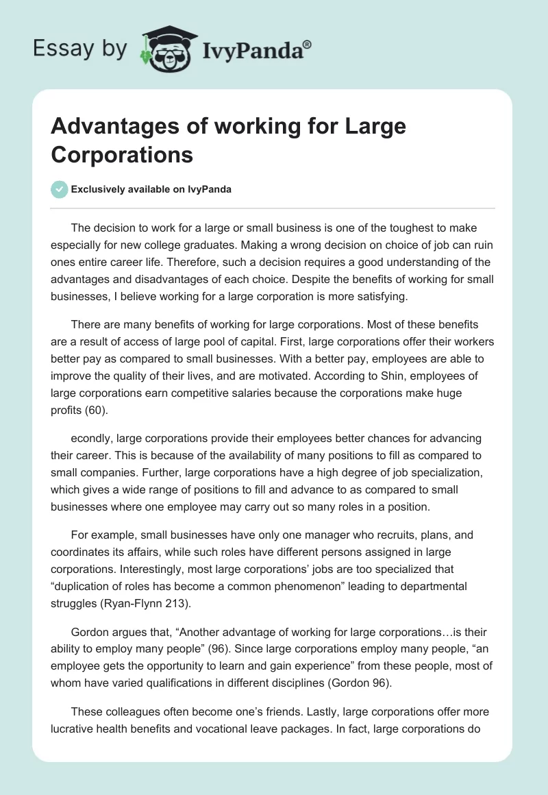 Advantages of Working for Large Corporations. Page 1