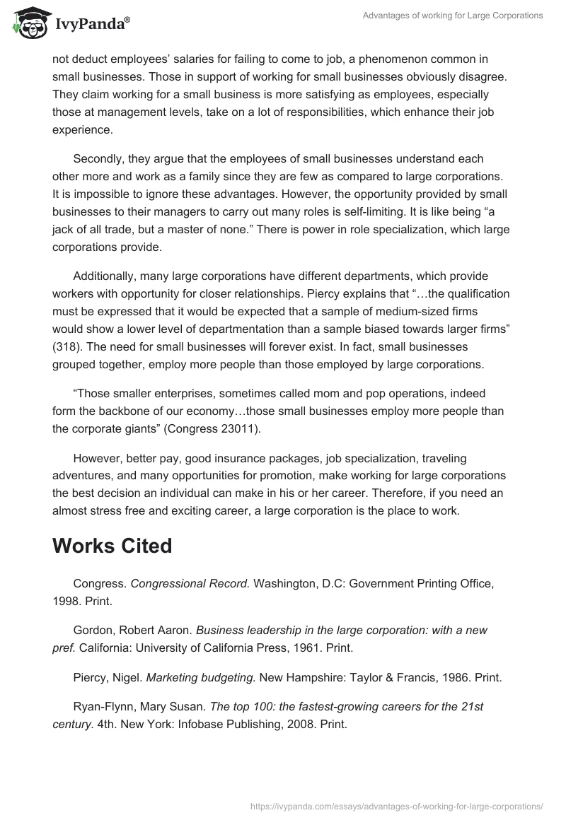Advantages of Working for Large Corporations. Page 2