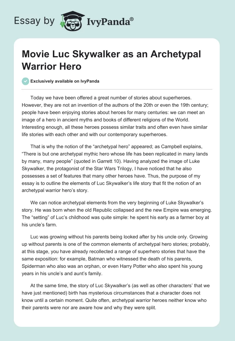 Movie Luc Skywalker as an Archetypal Warrior Hero. Page 1