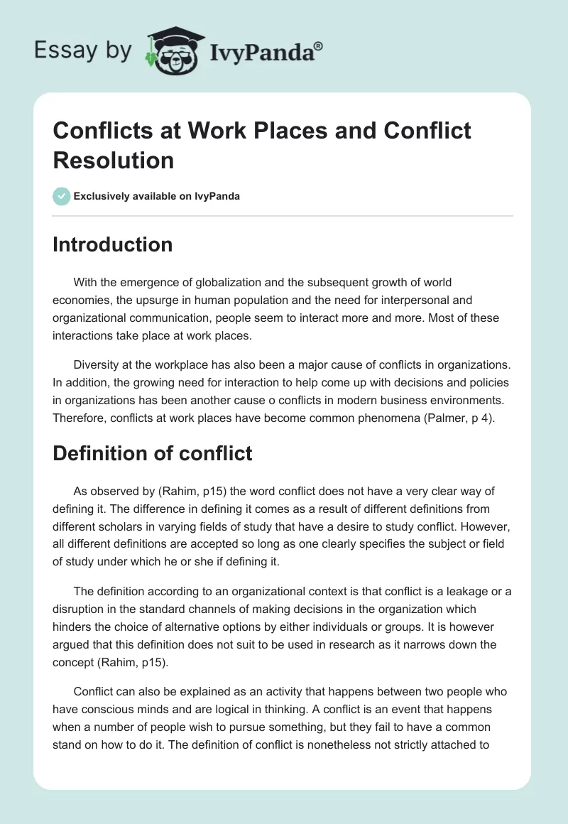 Conflicts at Work Places and Conflict Resolution. Page 1