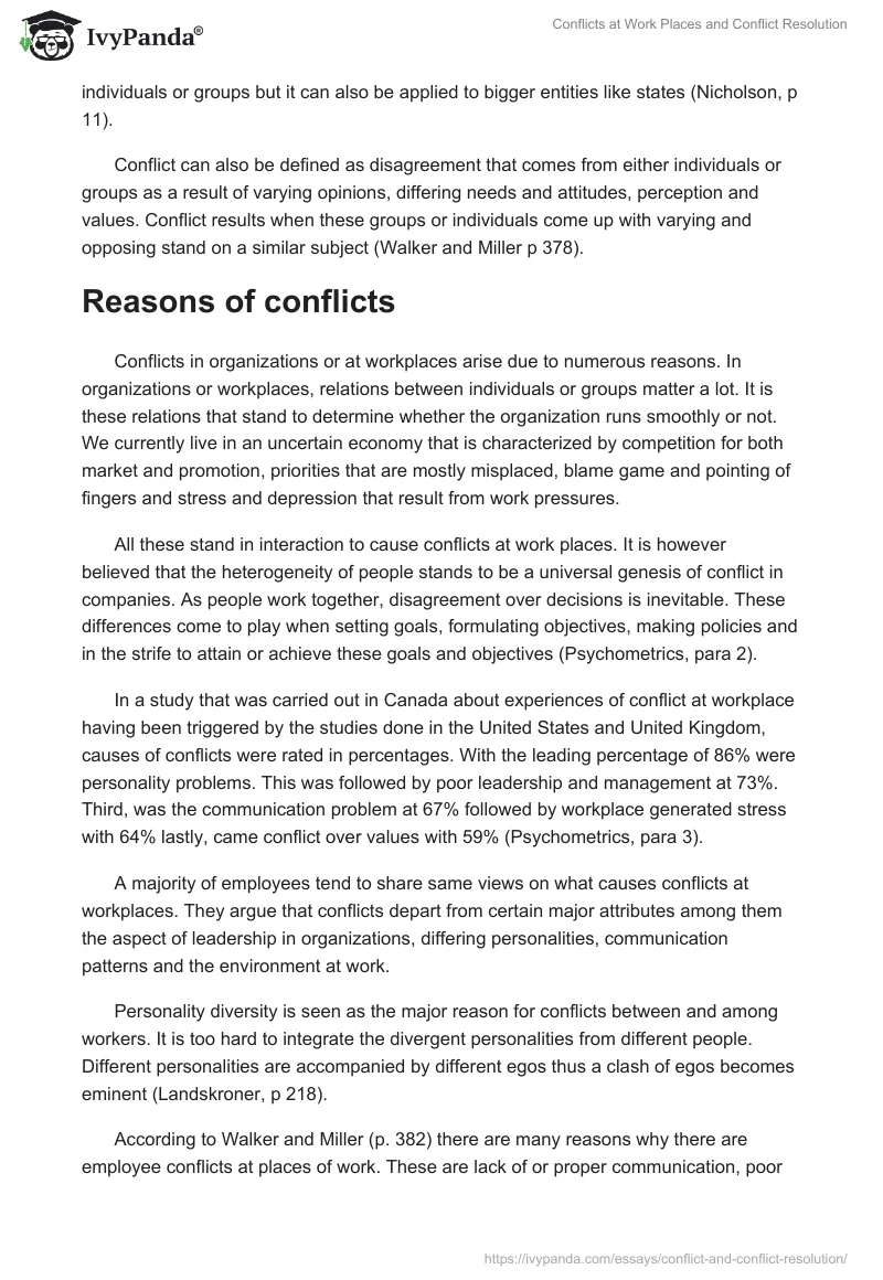 Conflicts at Work Places and Conflict Resolution. Page 2