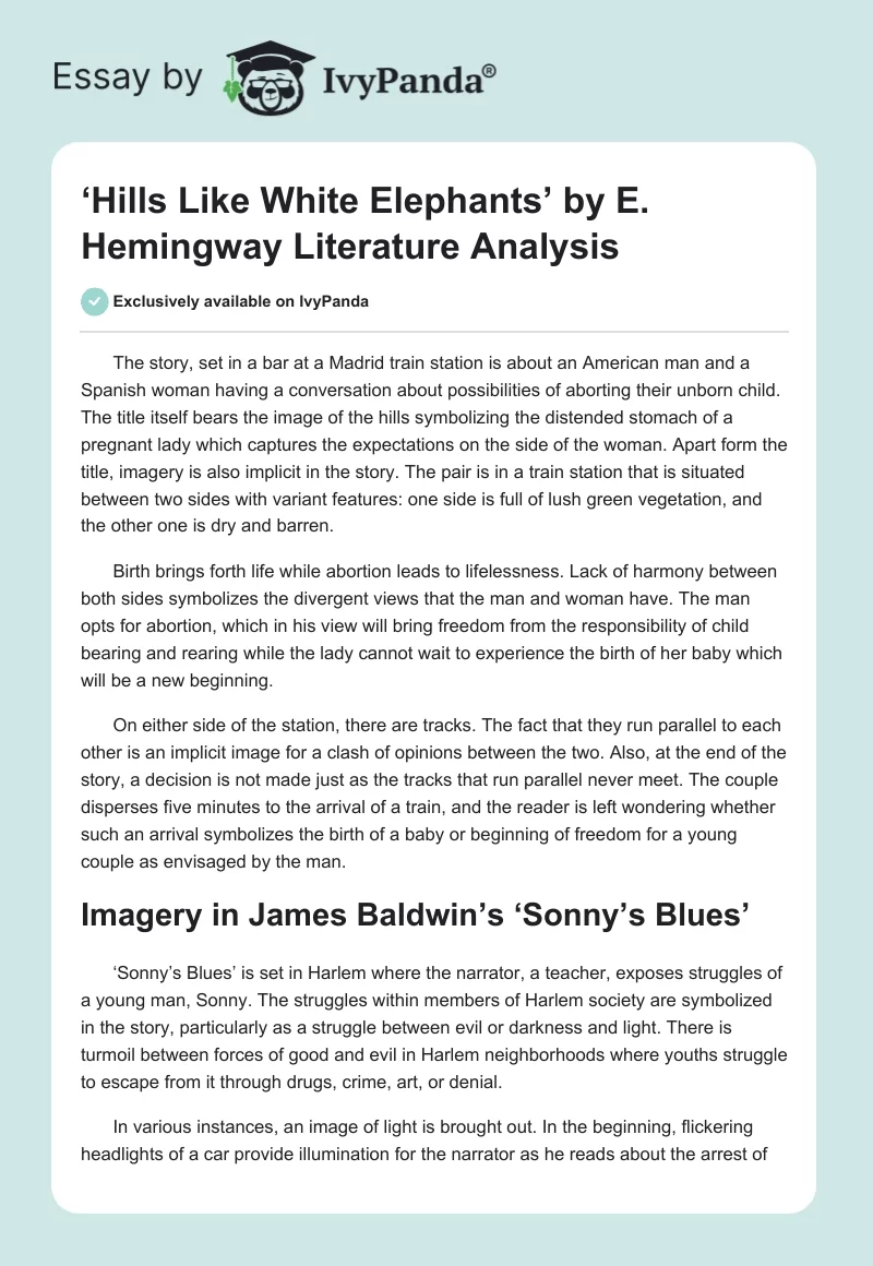 ‘Hills Like White Elephants’ by E. Hemingway Literature Analysis. Page 1