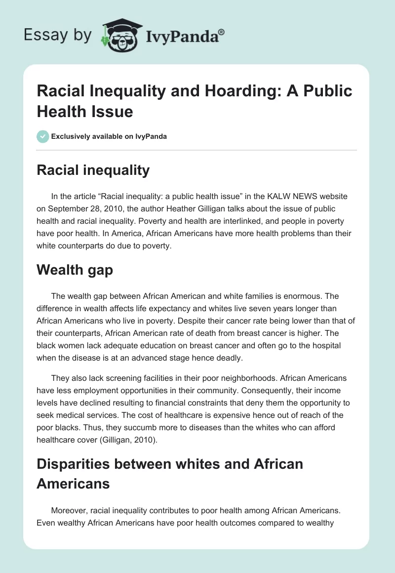 Racial Inequality and Hoarding: A Public Health Issue. Page 1
