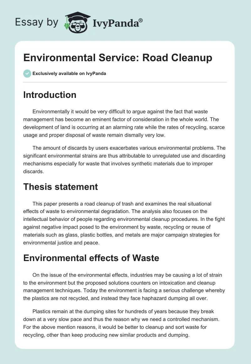 Environmental Service: Road Cleanup. Page 1