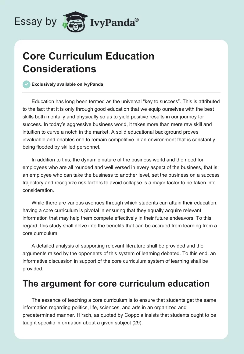 Core Curriculum Education Considerations. Page 1