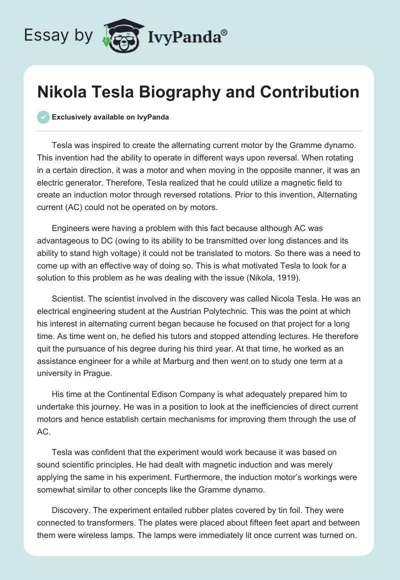 Nikola Tesla Biography and Contribution. Page 1