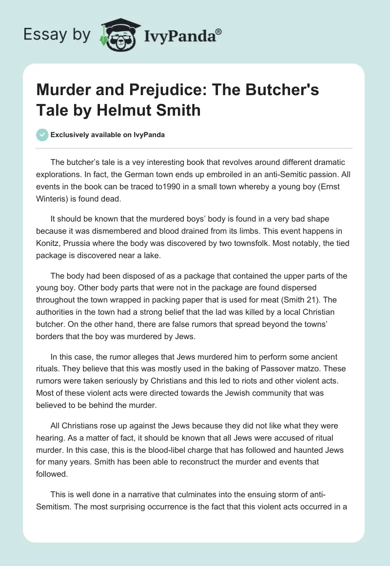 Murder and Prejudice: "The Butcher's Tale" by Helmut Smith. Page 1