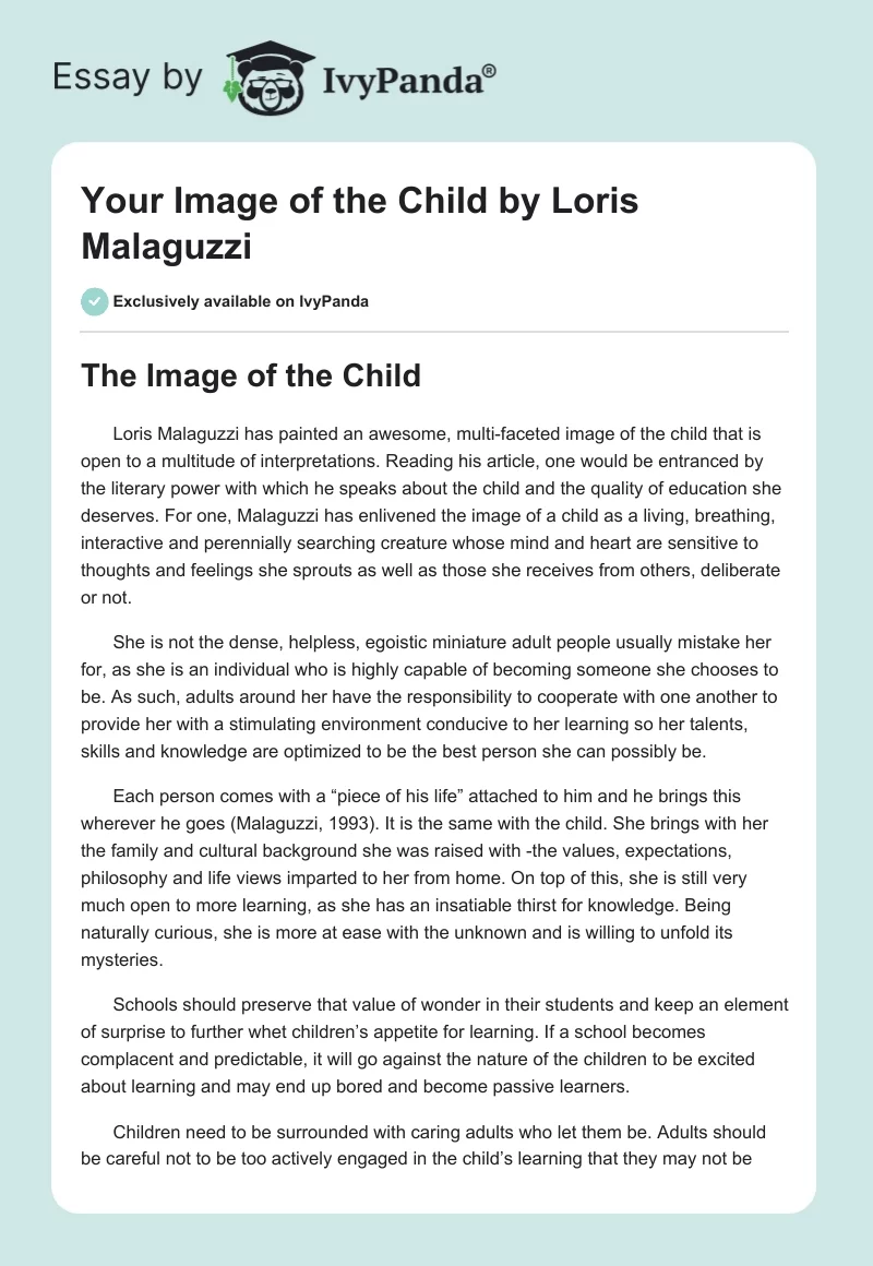 Your Image of the Child by Loris Malaguzzi. Page 1