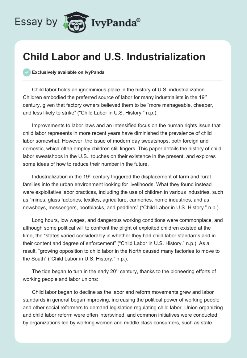 Child Labor and U.S. Industrialization. Page 1