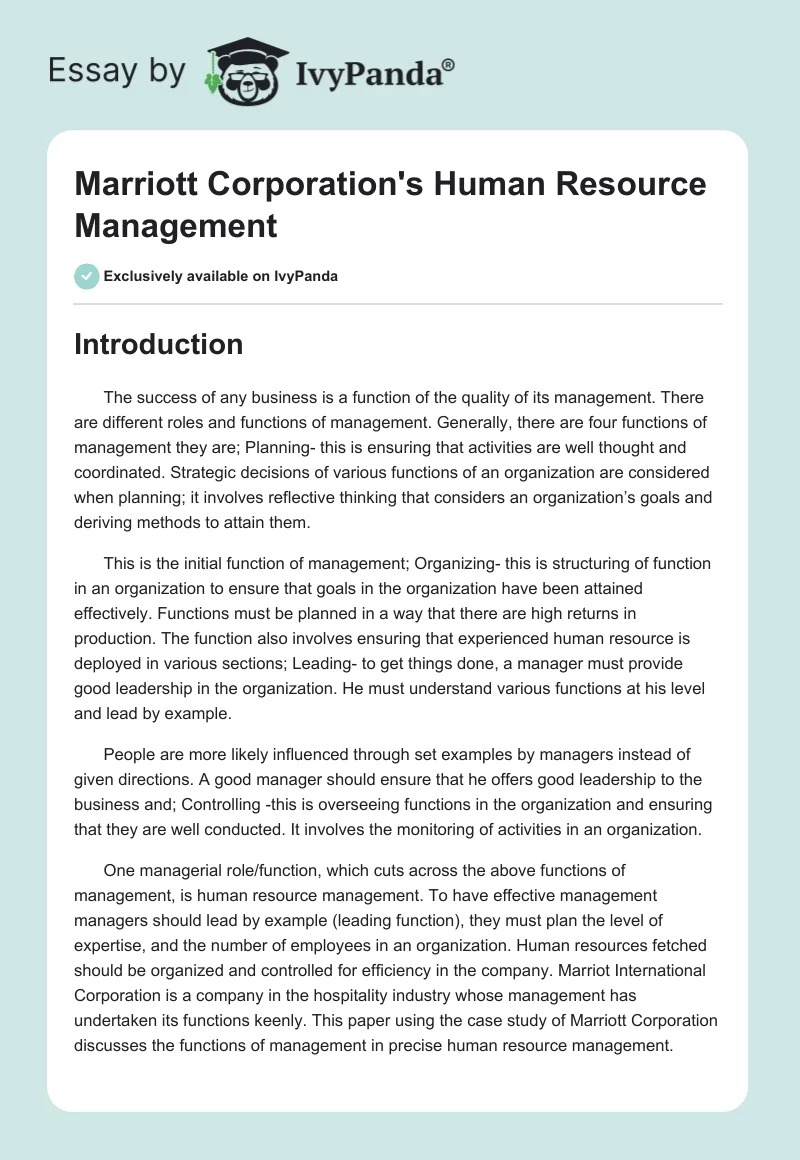 Marriott Corporation's Human Resource Management. Page 1