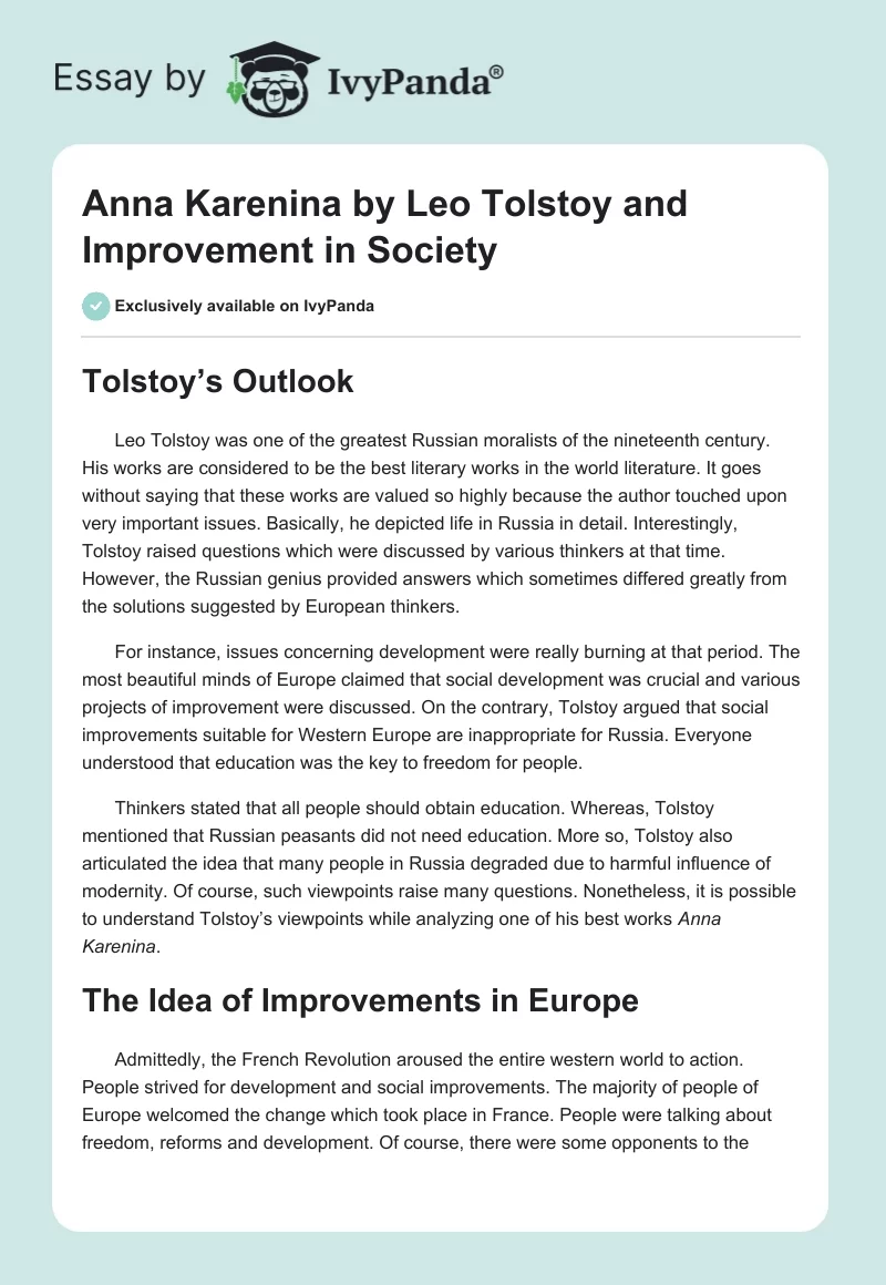 Anna Karenina by Leo Tolstoy and Improvement in Society. Page 1
