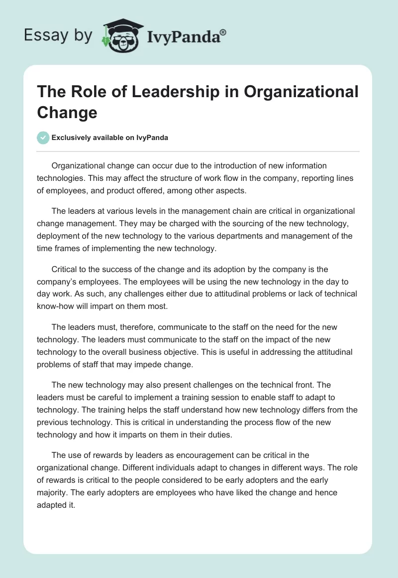 The Role of Leadership in Organizational Change. Page 1