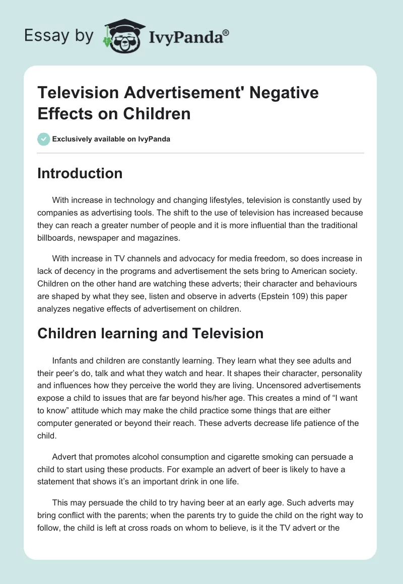 Television Advertisement' Negative Effects on Children. Page 1