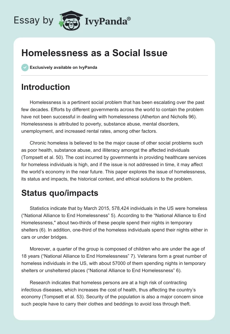 Homelessness as a Social Issue. Page 1